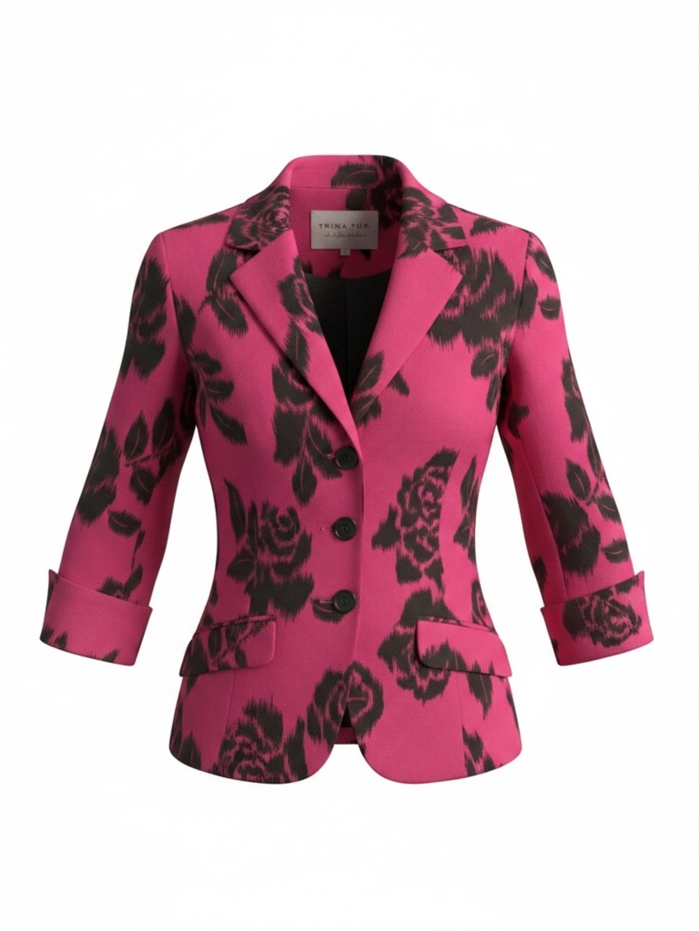 Trina Turk Hot Pink Blazer with Black Floral Flock- Size 4